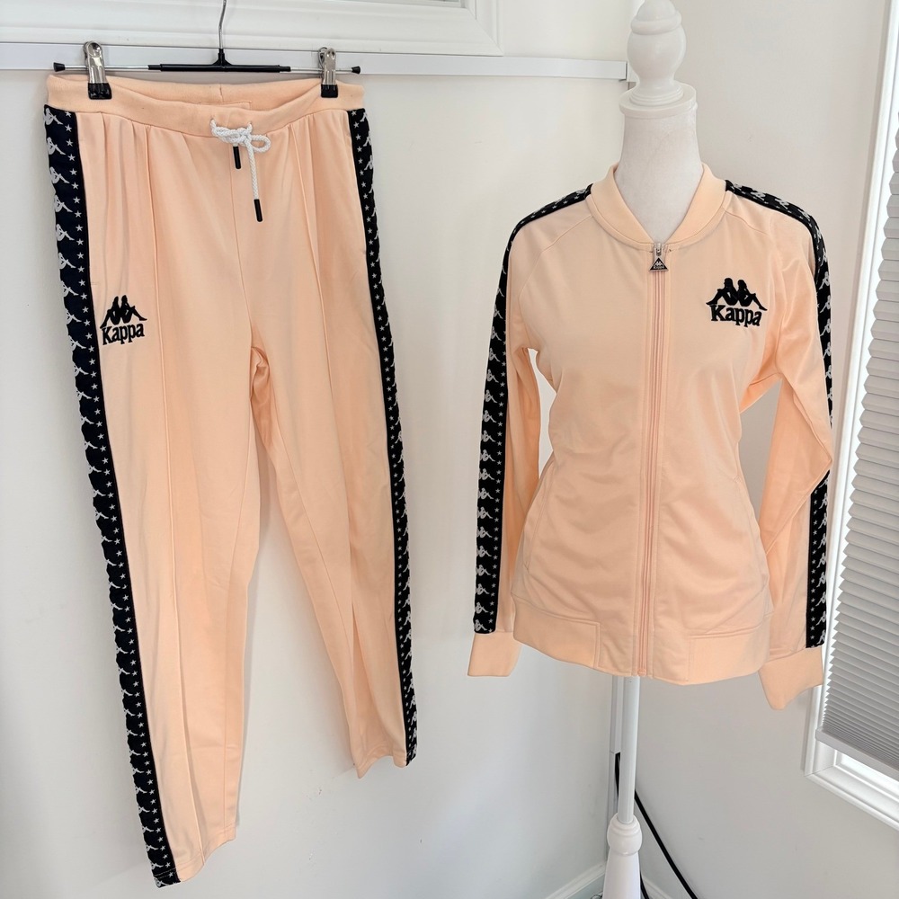 Kappa NEW Tracksuit Set Large Peach Pink Black Logo Tape Star Authentic Y2K Slim